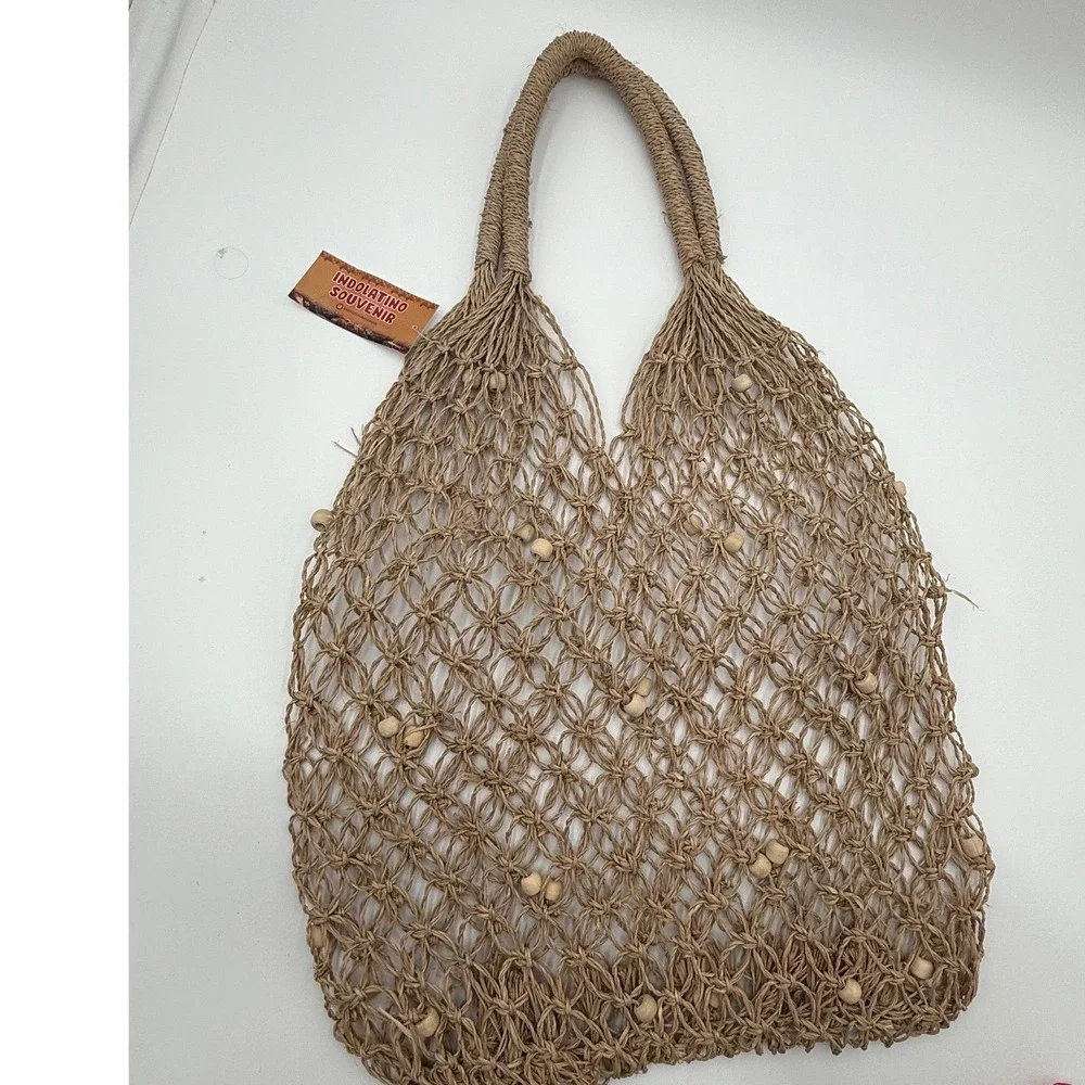 NWT Macrame Wood‎ Bead Tote Bag - Coastal Boho Aesthetic